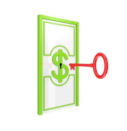 Abstract door with green ornate frame and antique key. 3d rendered.の写真素材