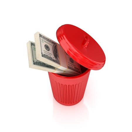 Dollar packs in a red recycle bin.Isolated on white background.3d rendered.の写真素材
