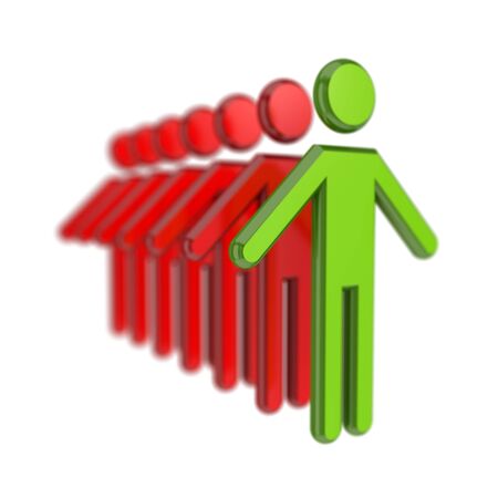 Row of red 3d small people and green one ahead. Isolated on white background.の写真素材