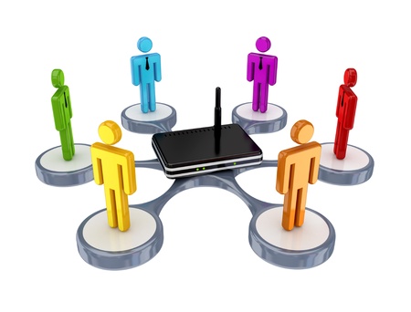 Colorful 3d small people around router. Isolated on white background.の写真素材