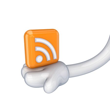 Red RSS symbol in a cartoon hand.Isolated on white background. 3d rendered.の写真素材