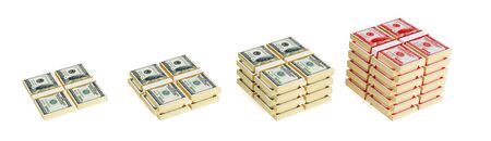 Four dollar packs different sizes. Biggest one is red . Bloody money concept. 3d rendered. Isolated...