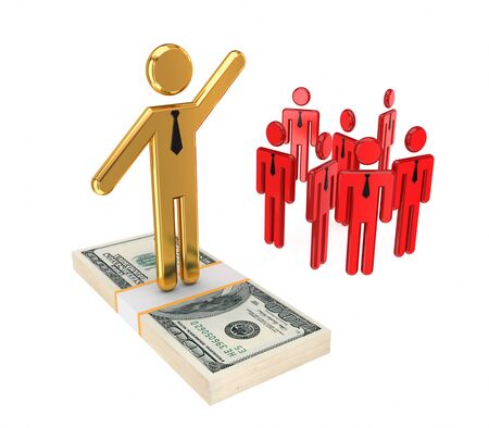 3d small people and money pack. Isolated on white background.の写真素材