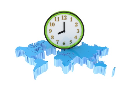 Map of the world and big  watch.3d rendered.Isolated on white background.