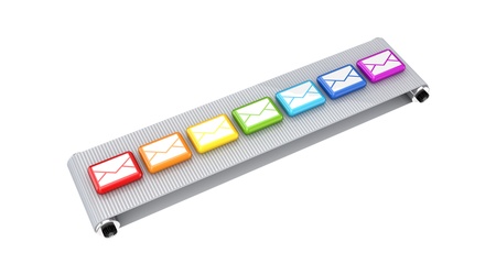Colorful keys on grey conveyor.Isolated on white background.3d rendered.