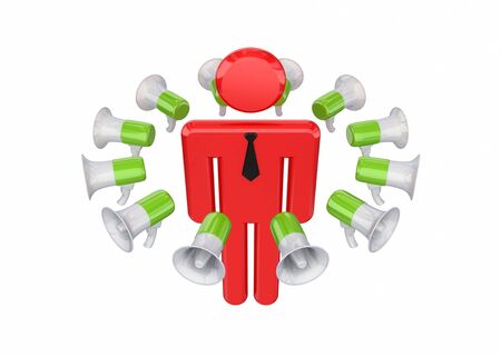 Colorful megaphones around 3d small person.Isolated on white background.の写真素材