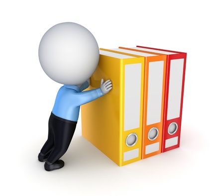 3d small person pushing a colorful folders.Isolated on white background.の写真素材