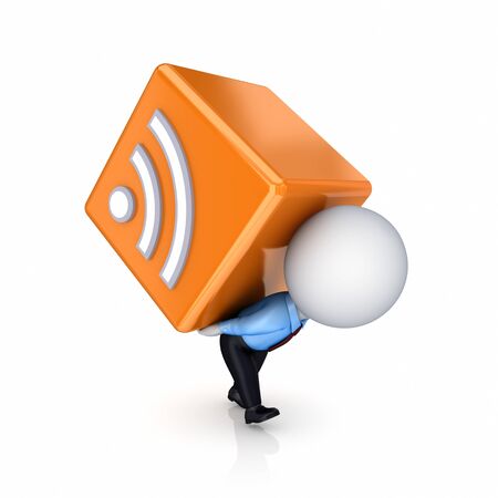 3d small person with a RSS symbol in a hands.Isolated on white background.の写真素材