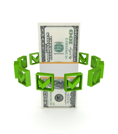 Green tick marks around dollar pack の写真素材
