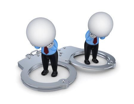 Sad 3d small people, handcuff and red sand glass の写真素材