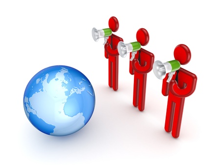 3d small people with a loudspeakers and Earth の写真素材