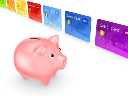 Pink piggy bank and colorful credit cards.Isolated on white.3d rendered.の写真素材