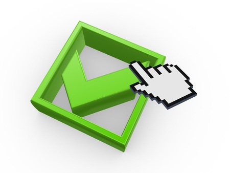 Arrow and green tick mark.Isolated on white.3d rendered.の写真素材