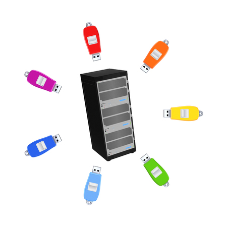 Colorful flashdrives around server.Isolated on white.3d rendered.の写真素材