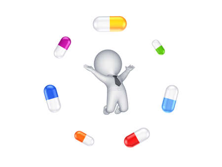 Colorful pills around 3d small person.Isolated on white.3d rendered.の写真素材