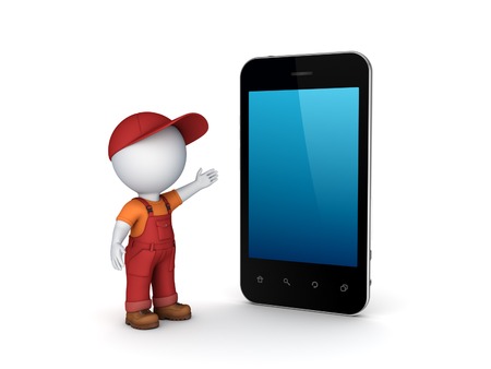 3d small person in workwear and cellphone.Isolated on white.の写真素材