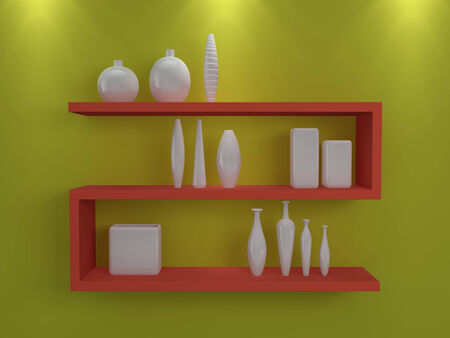 Modern shelves on wall with colorful pottery の写真素材