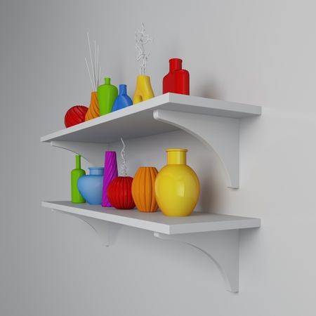 Modern interior composition with simple shelves on a wall.の写真素材