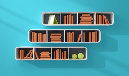 3d rendered bookshelves with books and decorations.の写真素材