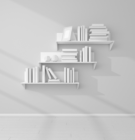 3d rendered bookshelves with books and decorations.の写真素材