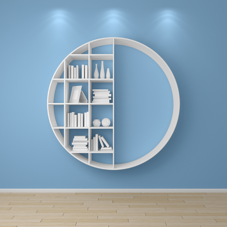 3d rendered bookshelves with books and decorations.の写真素材