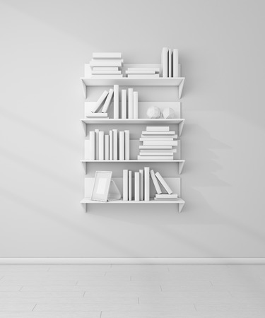 3d rendered bookshelves with books and decorations.の写真素材