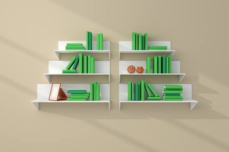 3d rendered bookshelves with books and decorations.の写真素材