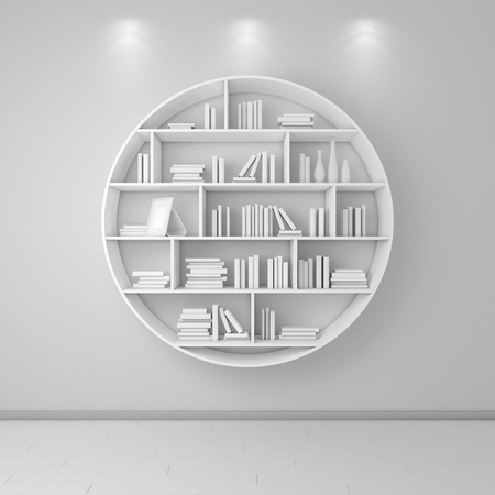 3d rendered bookshelves with books and decorations.の写真素材