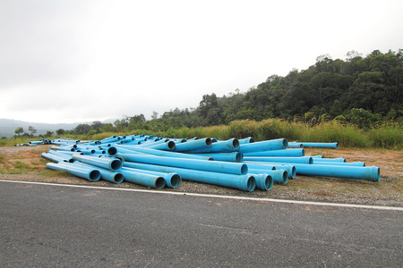 blue pipe on the roadの写真素材