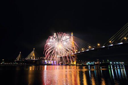 Bangkok, Thailand - December 5, 2015: Bhumibol Bridge and Fireworks on aroundのeditorial素材