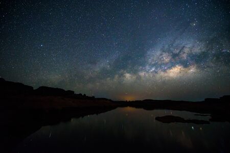 lake view with milky way on the skyの写真素材