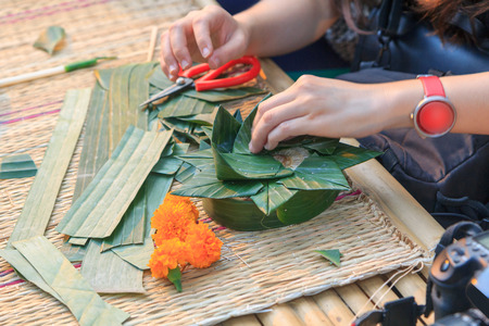 make the floating basket by banana leaf / banana leave vesselの写真素材