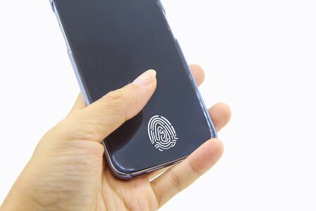 Fingerprint scanner on mobile screen / direct Fingerprint scanner on screen of smart phoneの写真素材