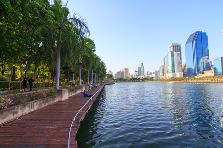 Lake view with reflections of the city / high building in the city lake viewの写真素材