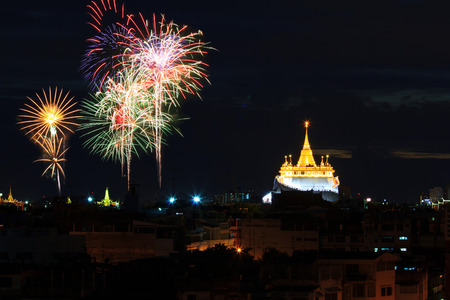 Big Fireworks at Temple of the Golden Mount public landmark in Thailandの写真素材