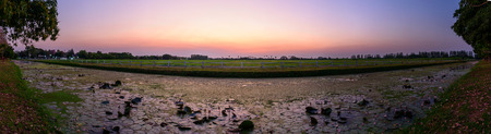 Panorama  Lake view of pink lotus in sunset time