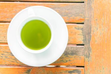hot green tea on the tableの写真素材