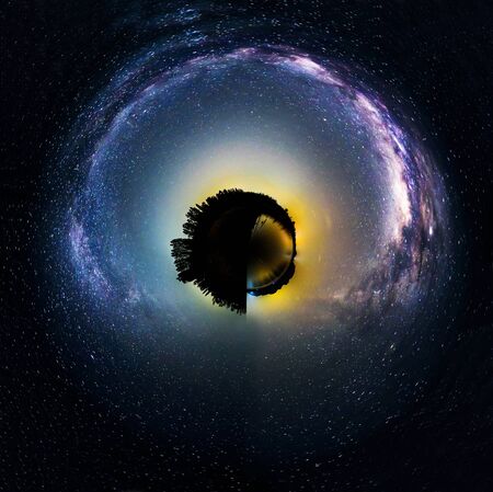 360 Panorama of lake view with milky way on the sky