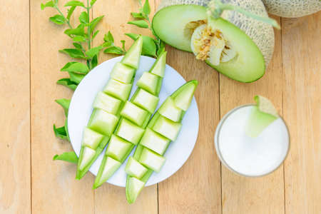 Milk melon Smoothie in glassの写真素材