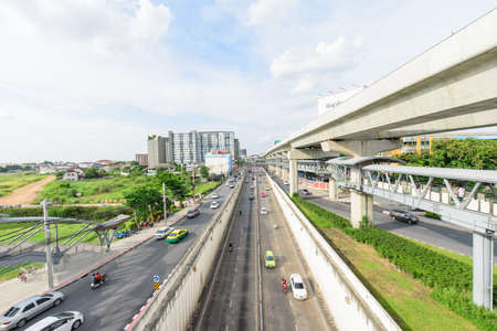 Bangkok, Thailand - 18  August, 2020 : high view of a lot traffic at the express way in Bangkok cityのeditorial素材