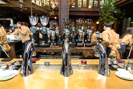 Bangkok, Thailand - 16 September, 2020: Coffee making machine in the counter bar in coffee cafe of NANA Hunter Coffee Roastersのeditorial素材