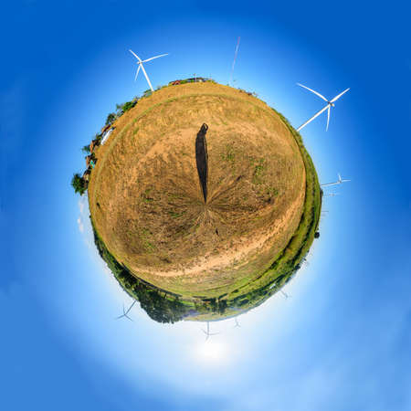 360 Panorama of wind turbines park for make the electric power from wind in sunset time