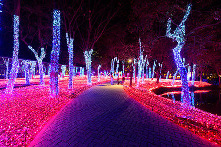 Rachaburi,Thailand - 18 Decemmber, 2020: lighting show festival at NASATTA Park with travelerのeditorial素材