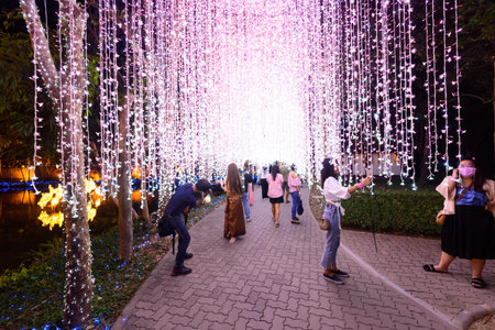 Rachaburi,Thailand - 18 Decemmber, 2020: lighting show festival at NASATTA Park with traveler