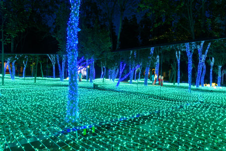 Rachaburi,Thailand - 18 Decemmber, 2020: lighting show festival at NASATTA Park with travelerのeditorial素材