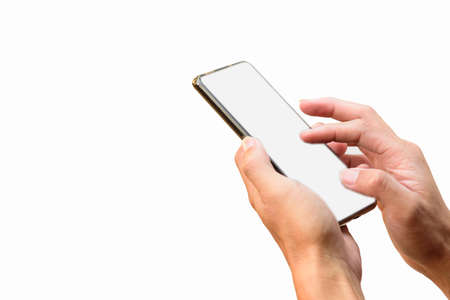 the man touch the screen for use social media on smartphoneの写真素材