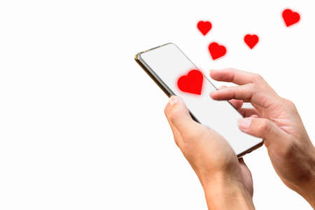 the man touch the screen for show heart emotion to social media on smartphone