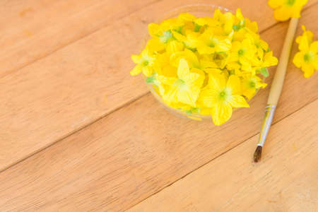 paintbrush and melon flower on wood plate - Item for Pollinate of Melon flowerの写真素材