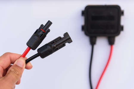 MC4 socket connector of solar cell panelの写真素材
