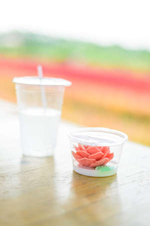 rose jelly on the wood tableの写真素材